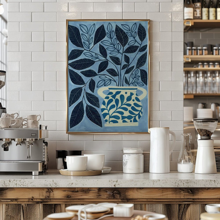 Stylized Blue Leaves In A Decorative Vase - Stretched Canvas, Poster or Fine Art Print - I Heart Wall Art - Poster Print, Canvas Print or Framed Art Print