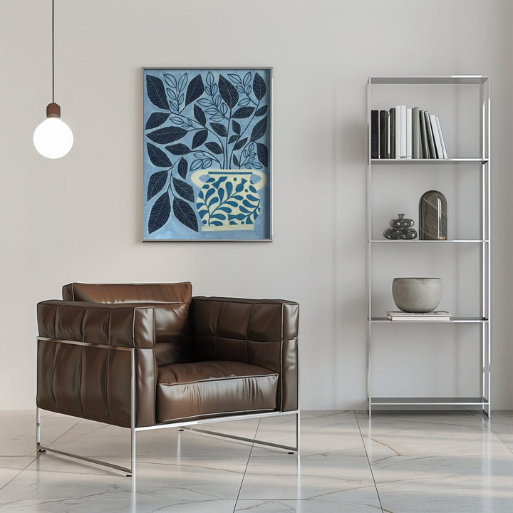 Stylized Blue Leaves In A Decorative Vase - Stretched Canvas, Poster or Fine Art Print - I Heart Wall Art - Poster Print, Canvas Print or Framed Art Print