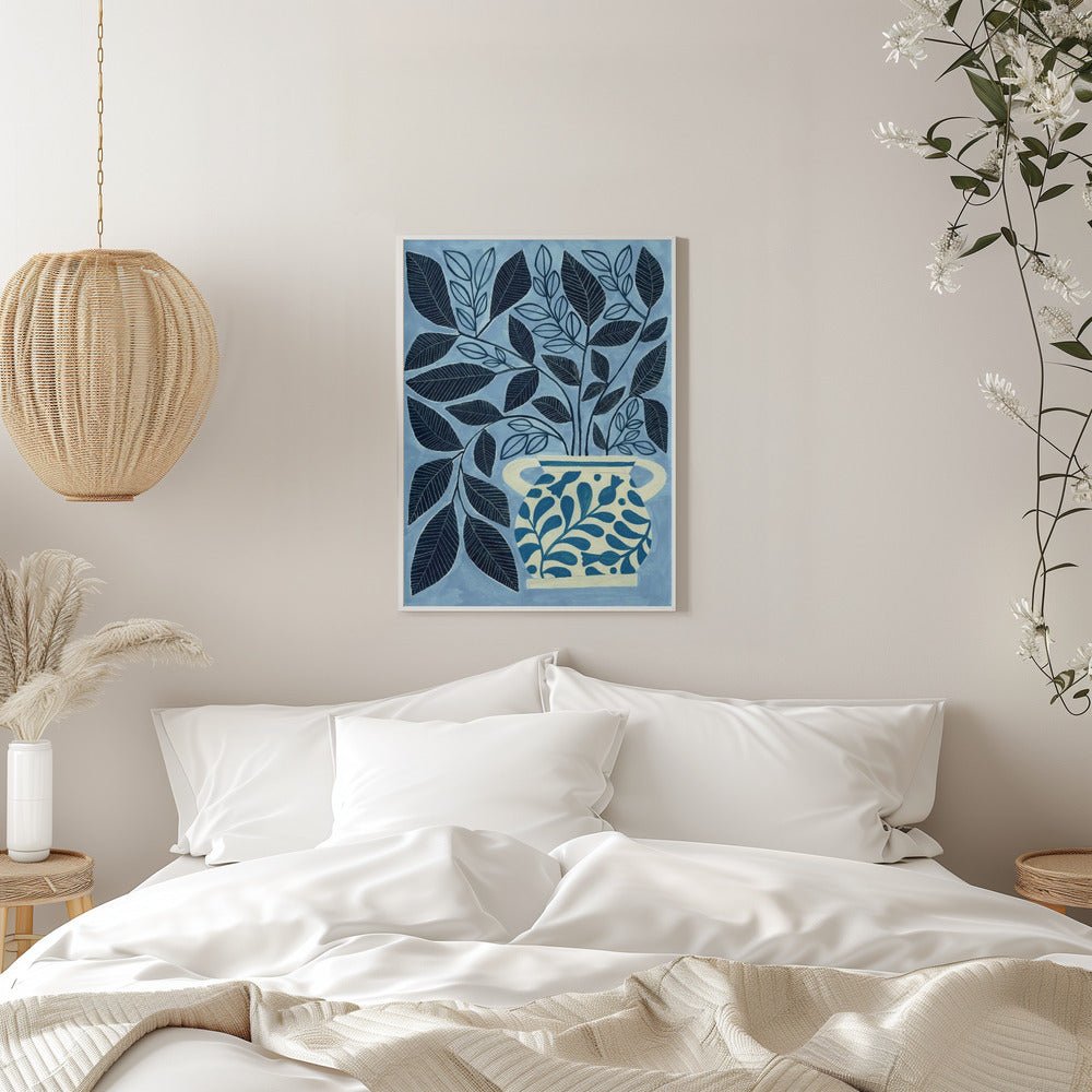 Stylized Blue Leaves In A Decorative Vase - Stretched Canvas, Poster or Fine Art Print - I Heart Wall Art - Poster Print, Canvas Print or Framed Art Print