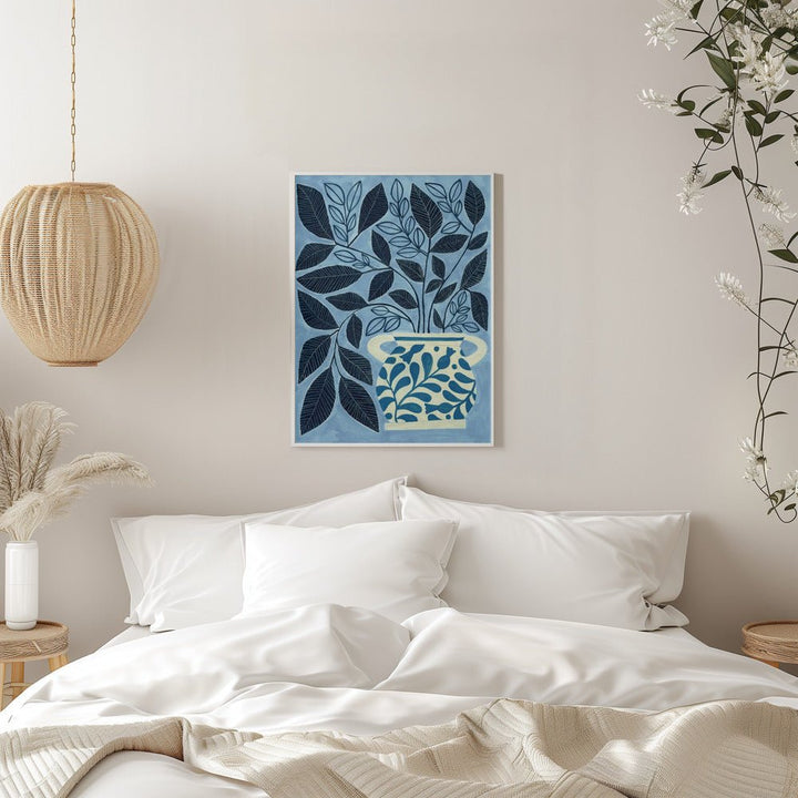 Stylized Blue Leaves In A Decorative Vase - Stretched Canvas, Poster or Fine Art Print - I Heart Wall Art - Poster Print, Canvas Print or Framed Art Print