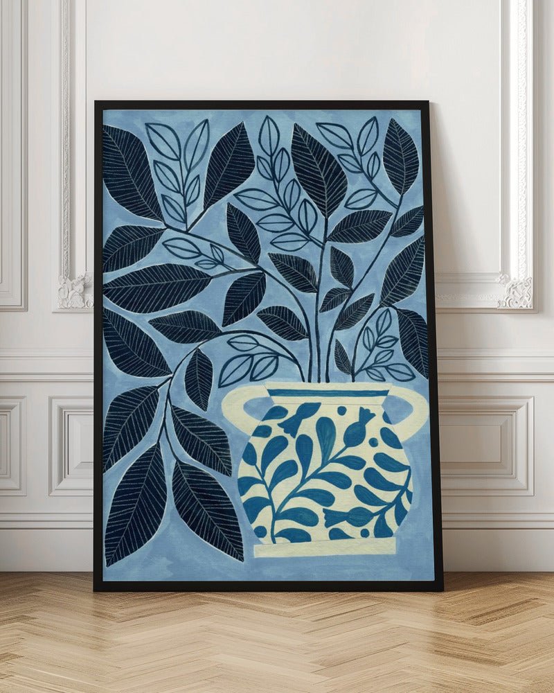Stylized Blue Leaves In A Decorative Vase - Stretched Canvas, Poster or Fine Art Print - I Heart Wall Art - Poster Print, Canvas Print or Framed Art Print