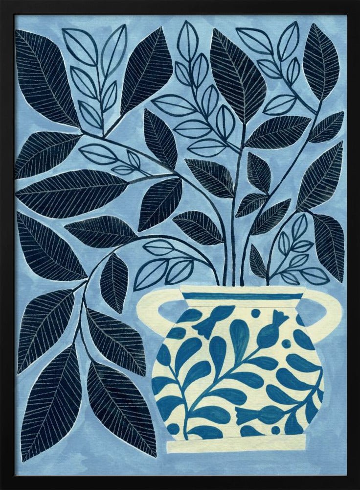 Stylized Blue Leaves In A Decorative Vase - Stretched Canvas, Poster or Fine Art Print - I Heart Wall Art - Poster Print, Canvas Print or Framed Art Print