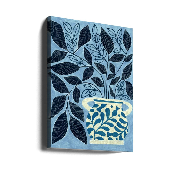 Stylized Blue Leaves In A Decorative Vase - Stretched Canvas, Poster or Fine Art Print - I Heart Wall Art - Poster Print, Canvas Print or Framed Art Print
