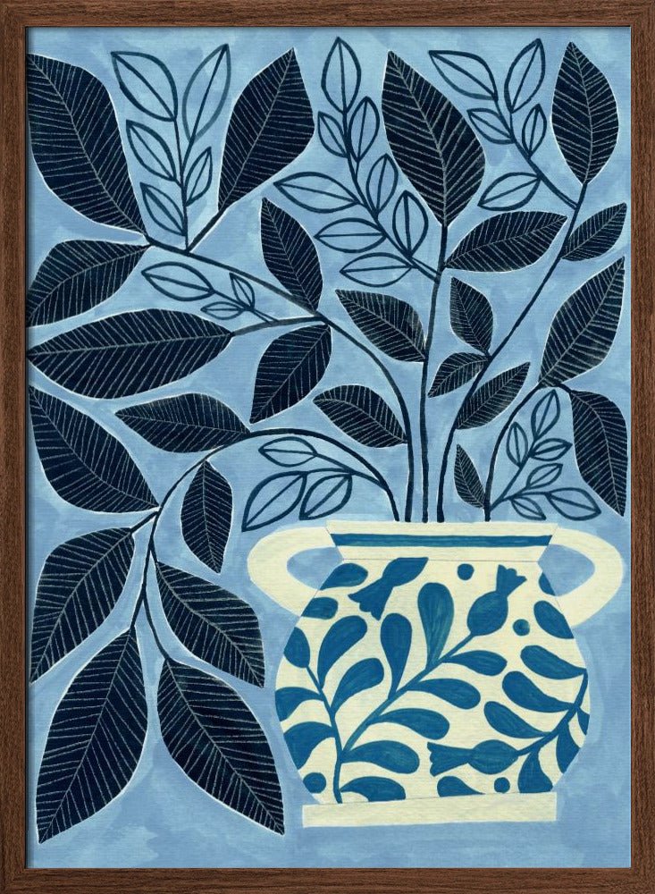 Stylized Blue Leaves In A Decorative Vase - Stretched Canvas, Poster or Fine Art Print - I Heart Wall Art - Poster Print, Canvas Print or Framed Art Print