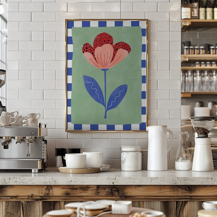 Stylized Flower With Red Petals And Black Dots - Stretched Canvas, Poster or Fine Art Print - I Heart Wall Art - Poster Print, Canvas Print or Framed Art Print