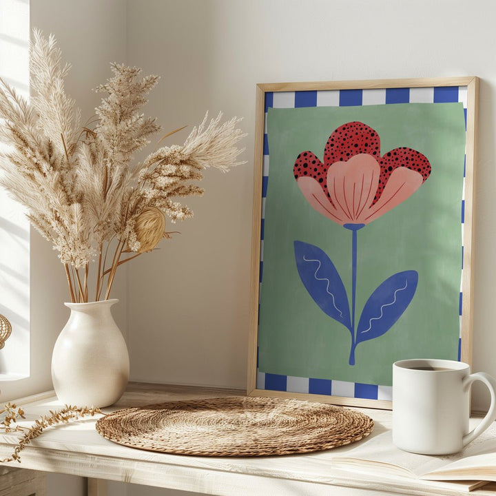 Stylized Flower With Red Petals And Black Dots - Stretched Canvas, Poster or Fine Art Print - I Heart Wall Art - Poster Print, Canvas Print or Framed Art Print