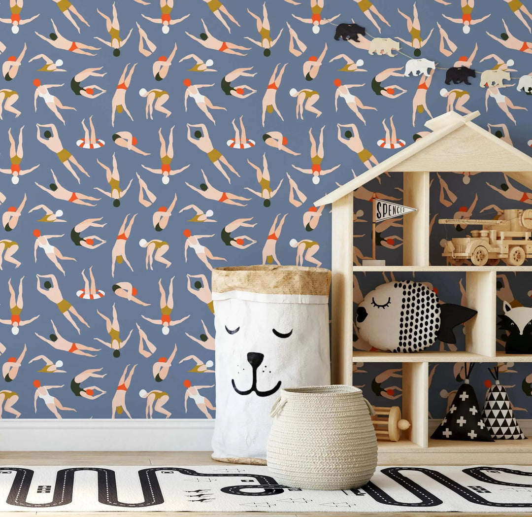 Summer Afternoons At The Pool- Colourful Swimmers Kids Peel and Stick Removable Wallpaper (Copy) I Heart Wall Art Australia