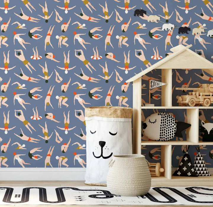 Summer Afternoons At The Pool- Colourful Swimmers Kids Peel and Stick Removable Wallpaper (Copy) I Heart Wall Art Australia
