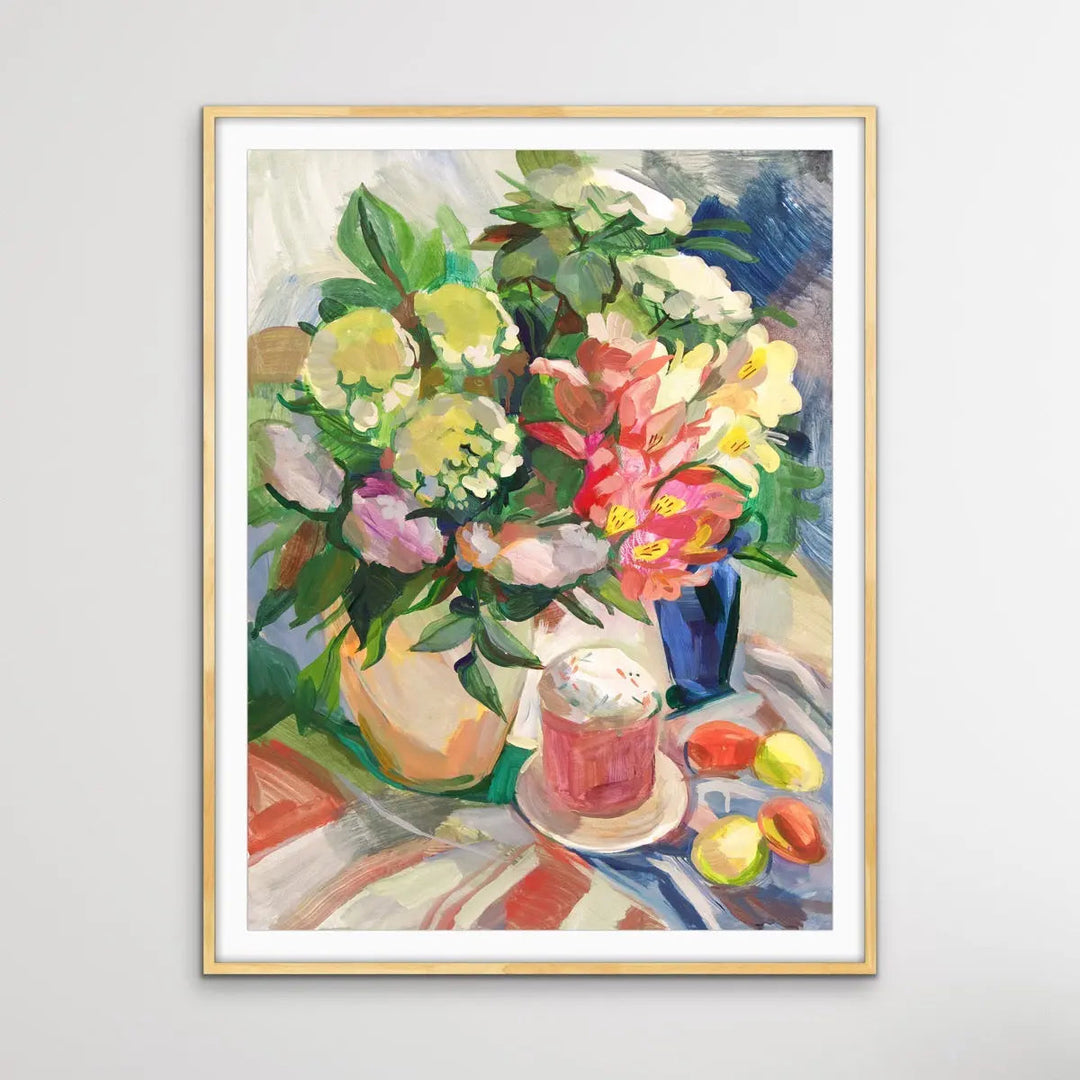 Sunday Brunch With Easter Eggs - Still Life With Flower Painting - I Heart Wall Art