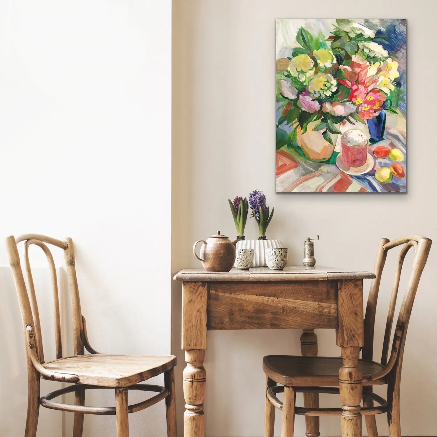 Sunday Brunch With Easter Eggs - Still Life With Flower Painting - I Heart Wall Art