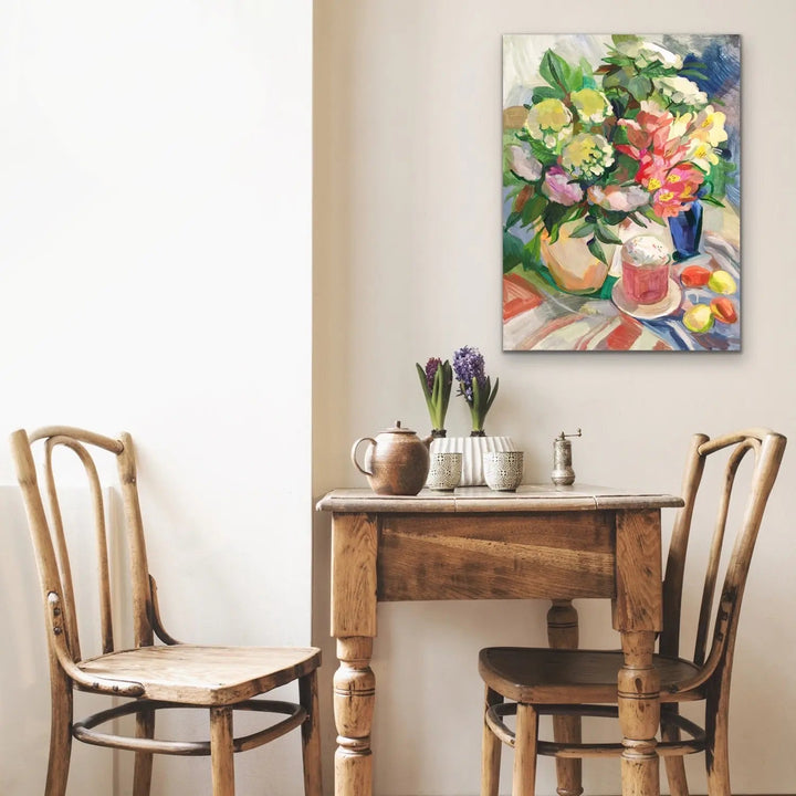 Sunday Brunch With Easter Eggs - Still Life With Flower Painting - I Heart Wall Art