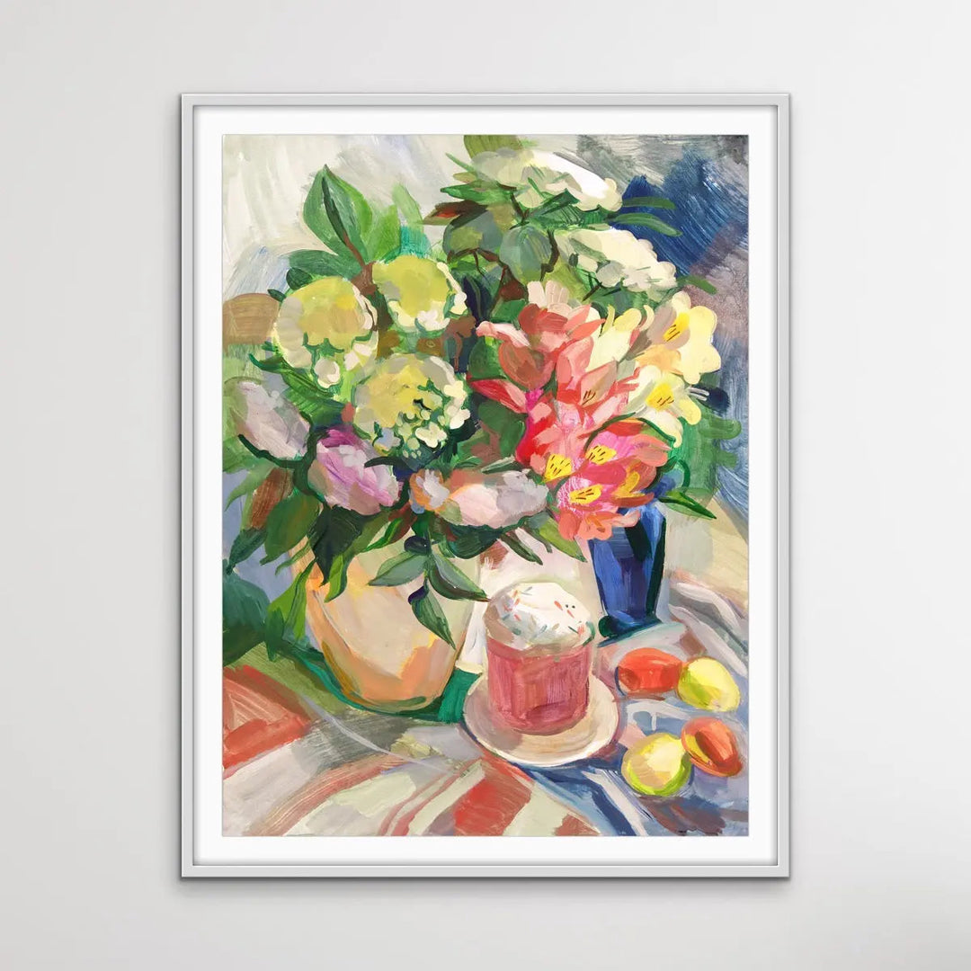 Sunday Brunch With Easter Eggs - Still Life With Flower Painting - I Heart Wall Art