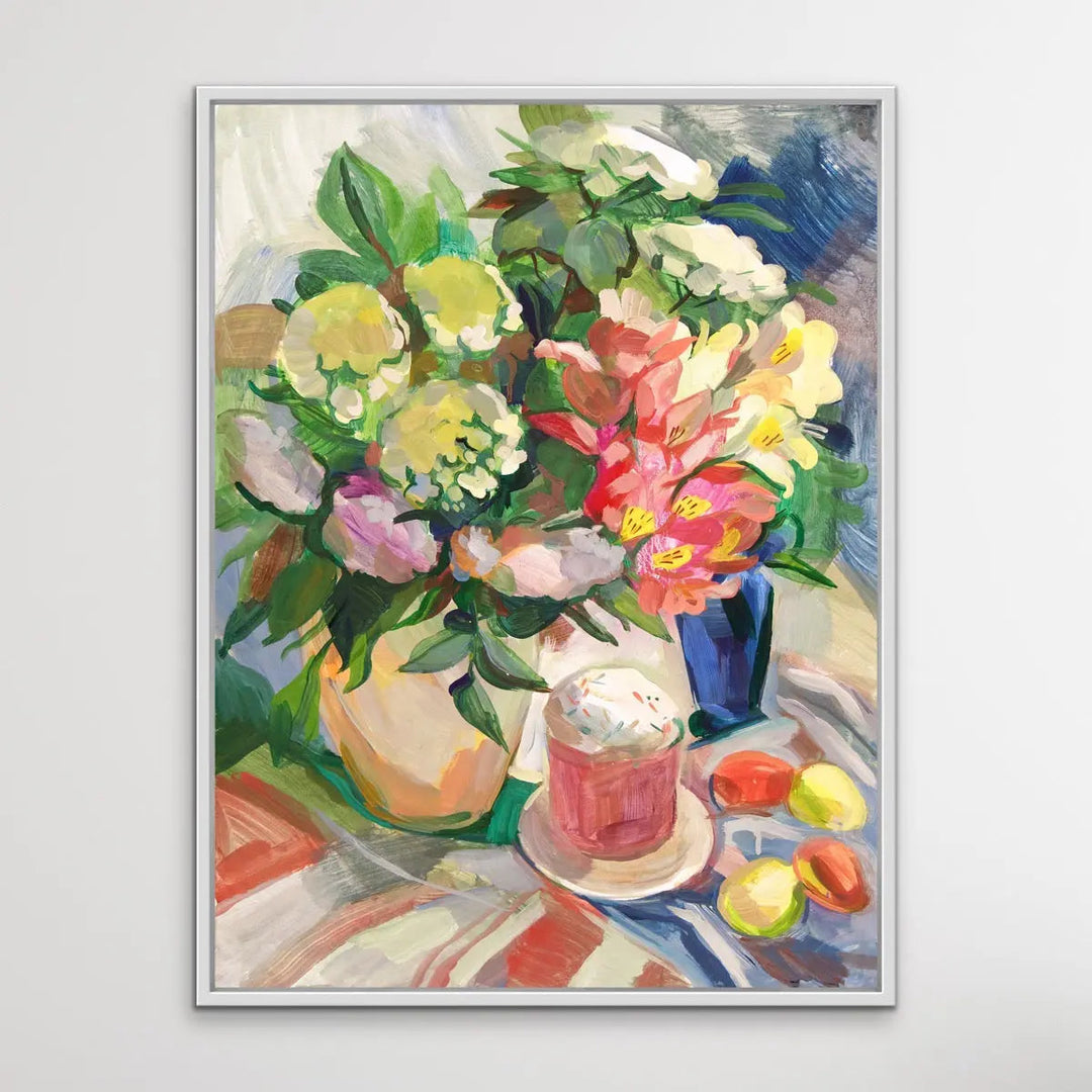 Sunday Brunch With Easter Eggs - Still Life With Flower Painting - I Heart Wall Art
