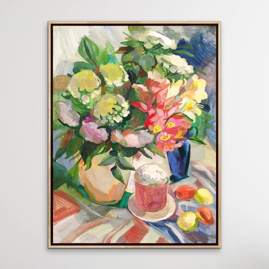 Sunday Brunch With Easter Eggs - Still Life With Flower Painting - I Heart Wall Art