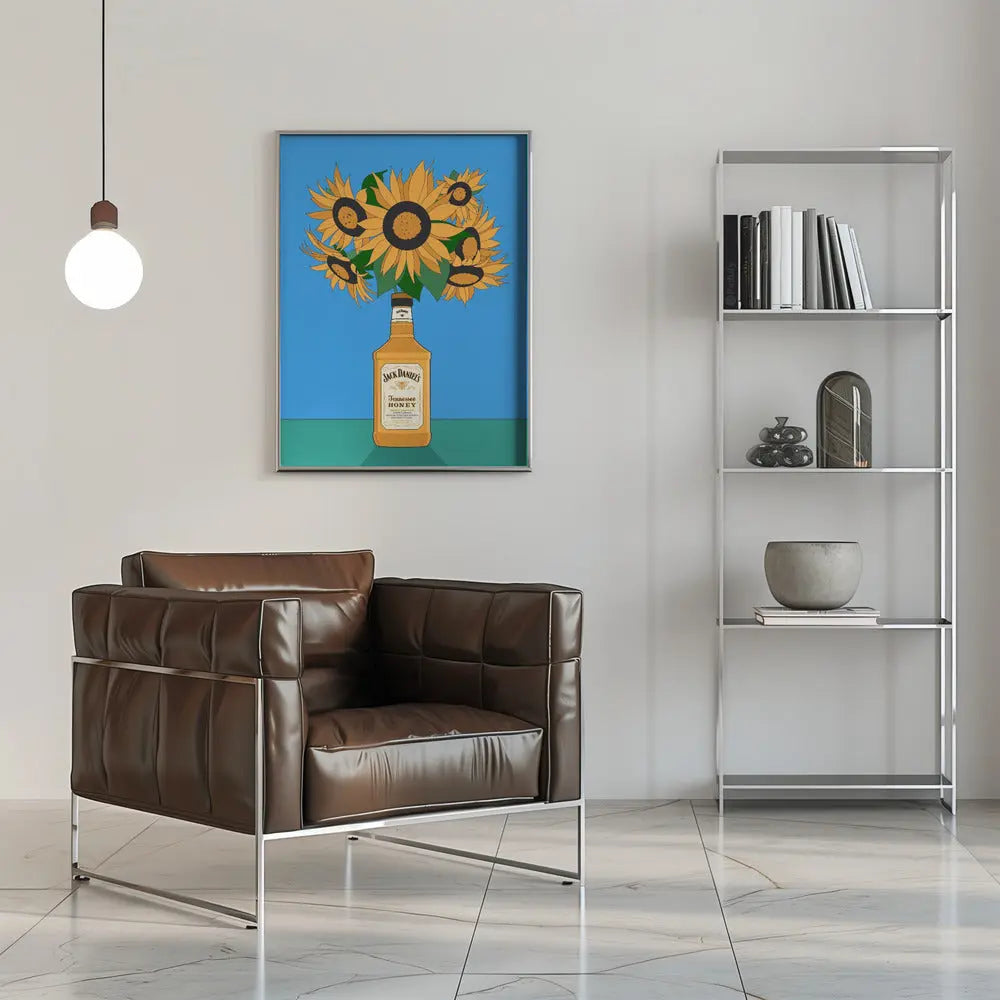 Sunflowers in Honey Whiskey Retro Illustration - Stretched Canvas, Poster or Fine Art Print I Heart Wall Art