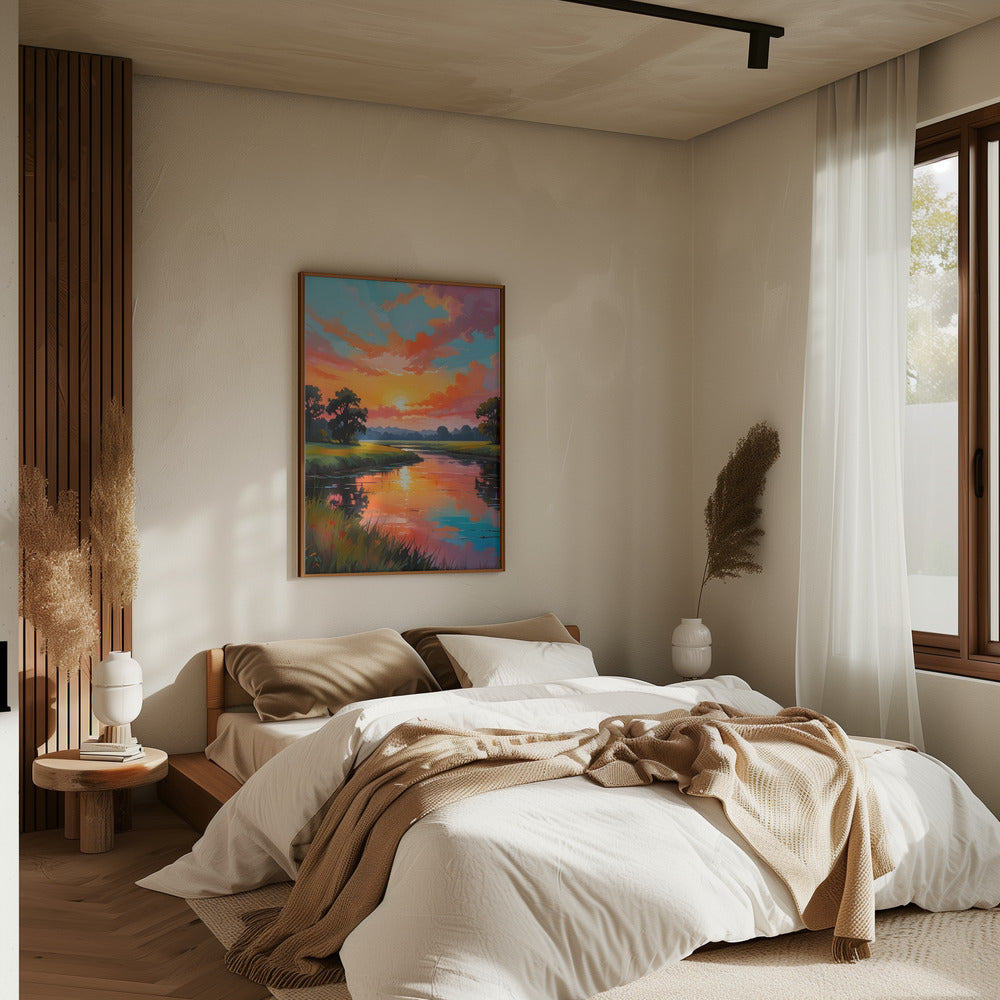 Sunset By the River - Stretched Canvas, Poster or Fine Art Print I Heart Wall Art