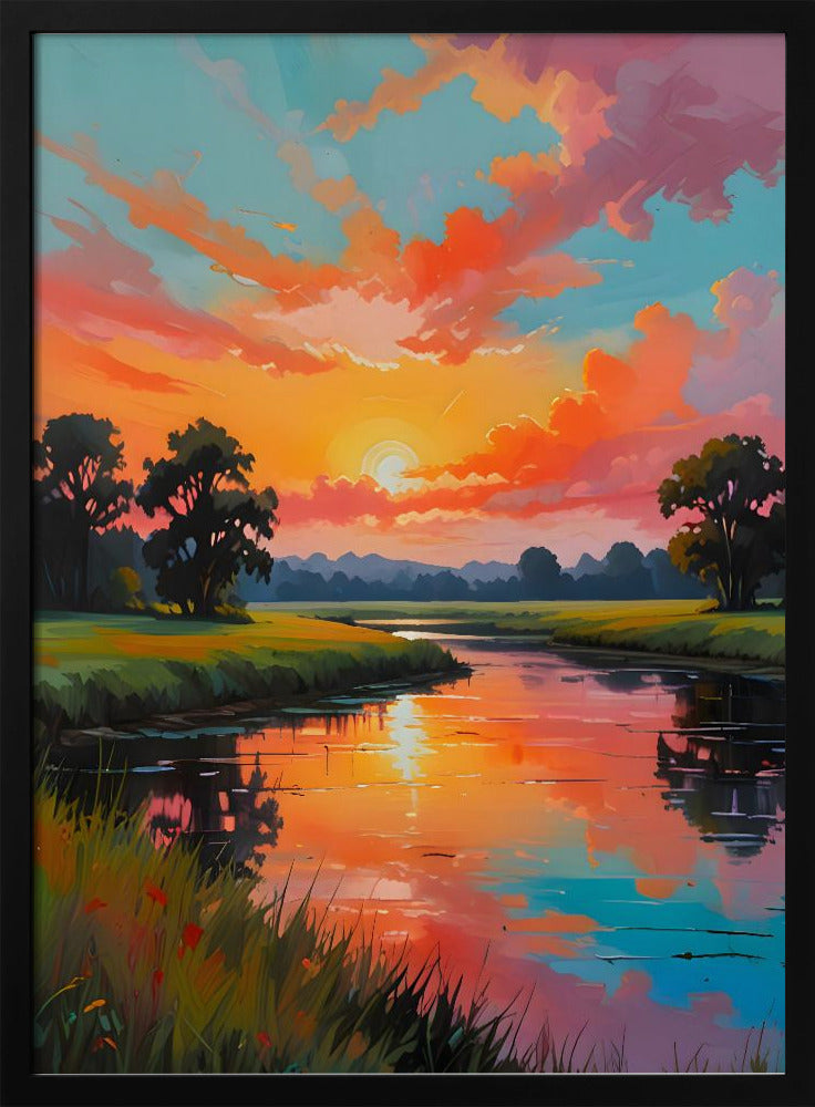 Sunset By the River - Stretched Canvas, Poster or Fine Art Print I Heart Wall Art