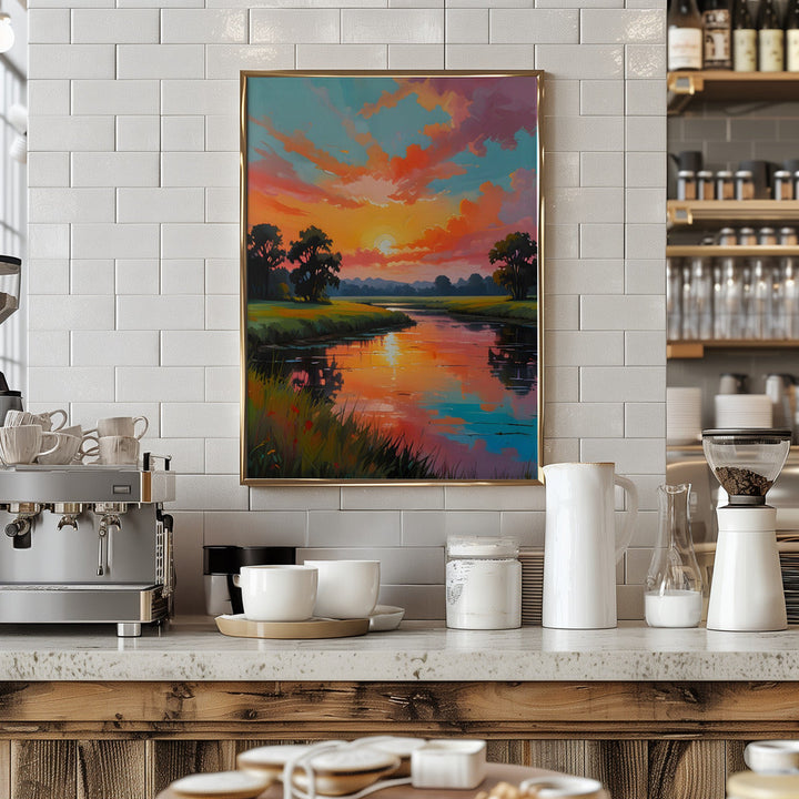 Sunset By the River - Stretched Canvas, Poster or Fine Art Print I Heart Wall Art