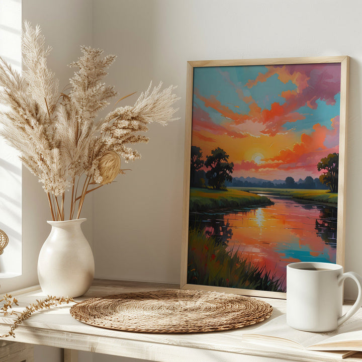 Sunset By the River - Stretched Canvas, Poster or Fine Art Print I Heart Wall Art