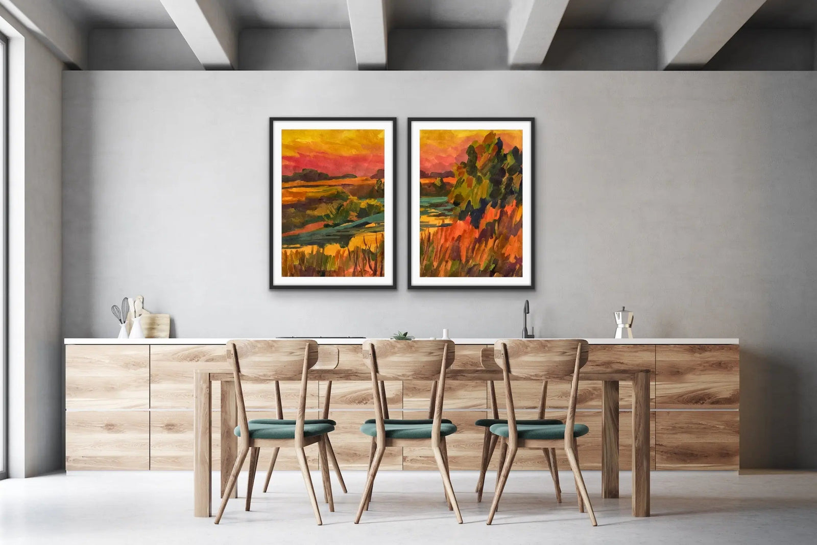 Sunset On The Riverbend - Two Piece Landscape Pink and Orange Print Set I Heart Wall Art Australia 