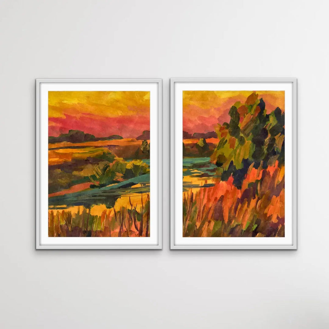Sunset On The Riverbend - Two Piece Landscape Pink and Orange Print Set I Heart Wall Art Australia 