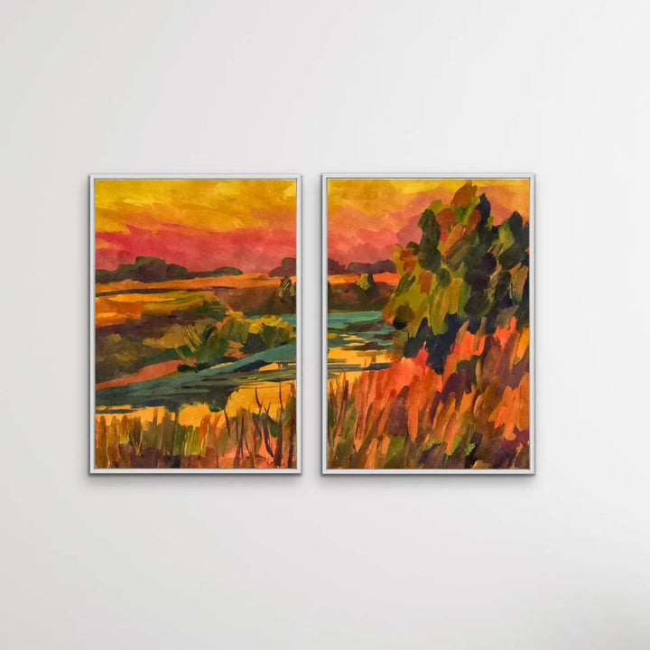 Sunset On The Riverbend - Two Piece Landscape Pink and Orange Print Set I Heart Wall Art Australia 