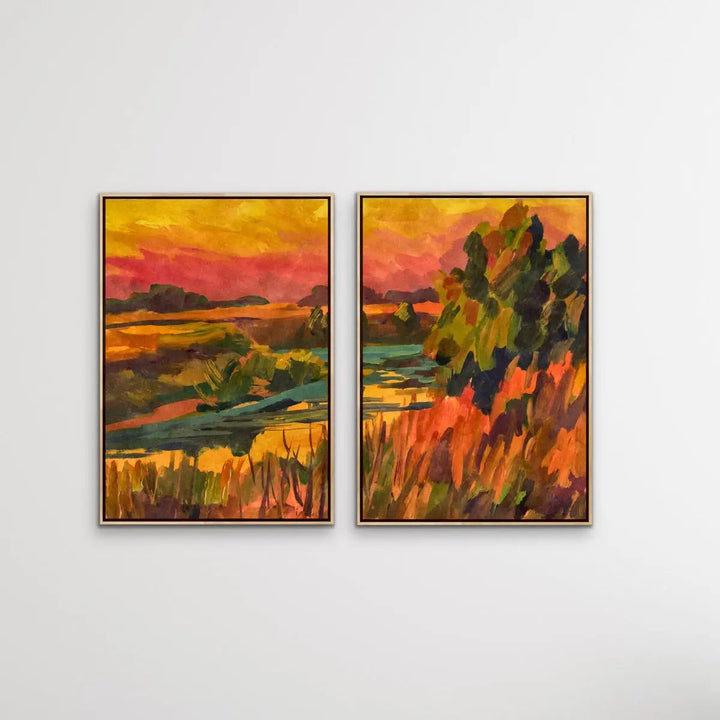 Sunset On The Riverbend - Two Piece Landscape Pink and Orange Print Set I Heart Wall Art Australia 