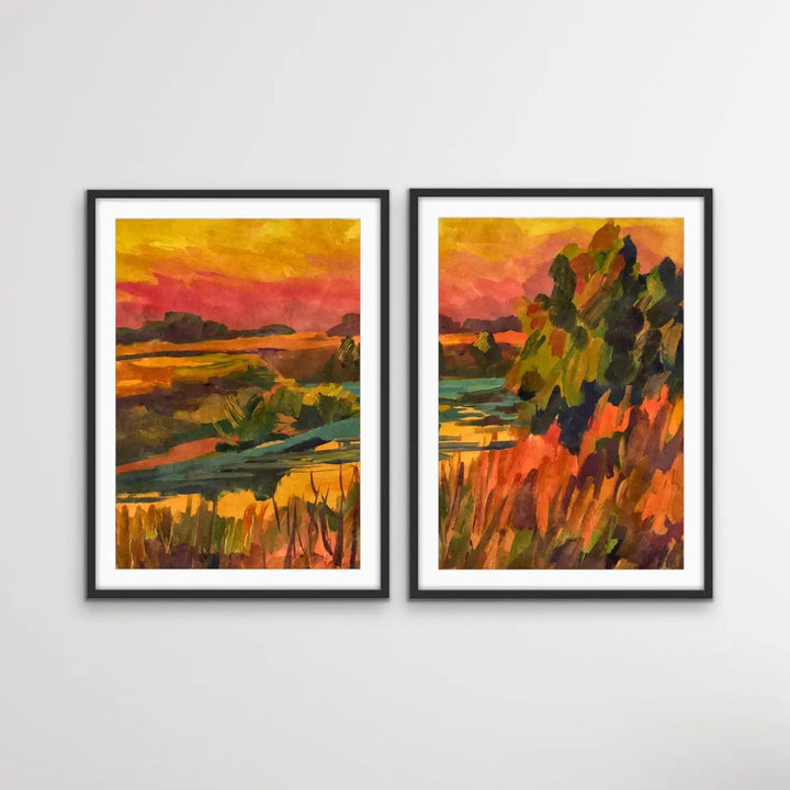 Sunset On The Riverbend - Two Piece Landscape Pink and Orange Print Set I Heart Wall Art Australia 
