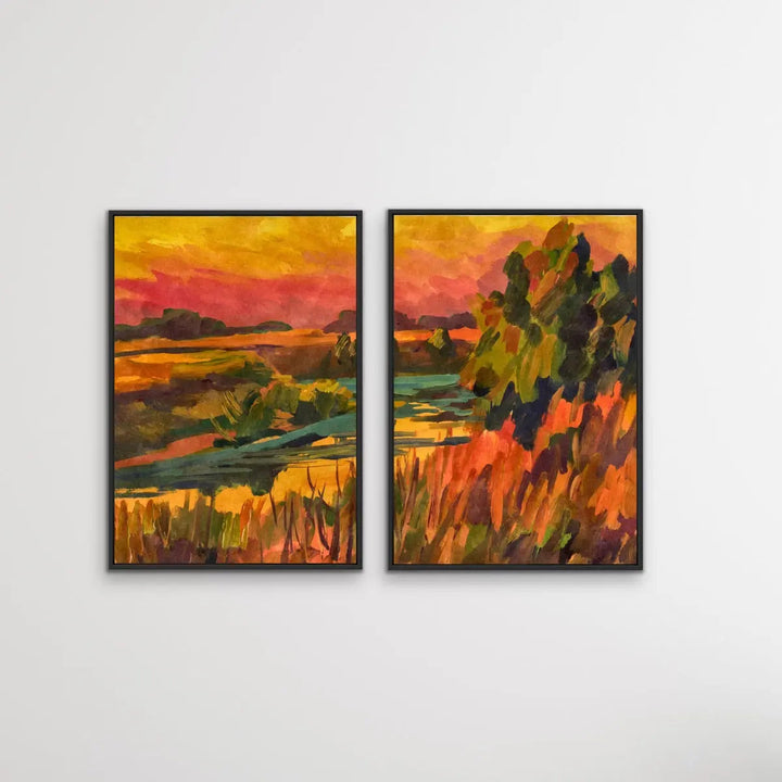 Sunset On The Riverbend - Two Piece Landscape Pink and Orange Print Set I Heart Wall Art Australia 