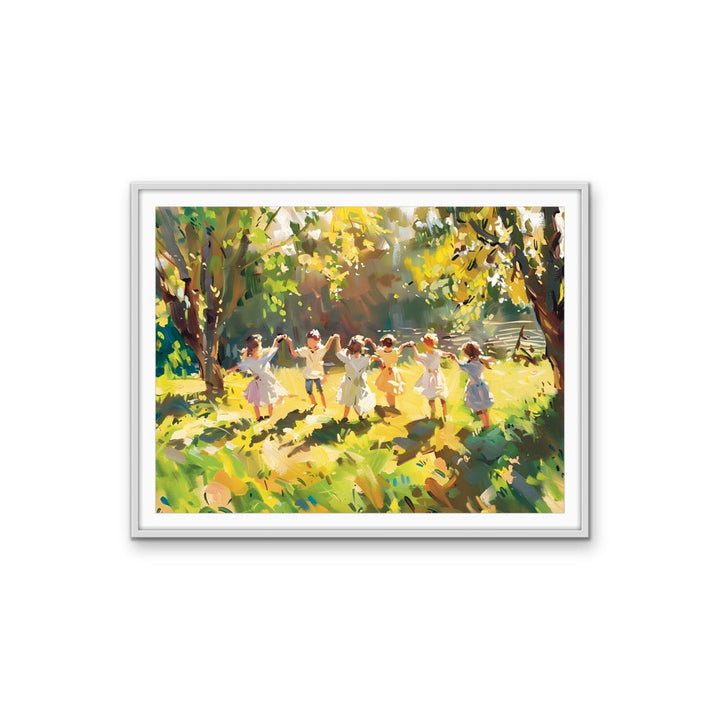 Sunshine Kids - Green &amp; Yellow Abstract Landscape of Children Playing, Stretched Canvas or Wall Art Print I Heart Wall Art Australia
