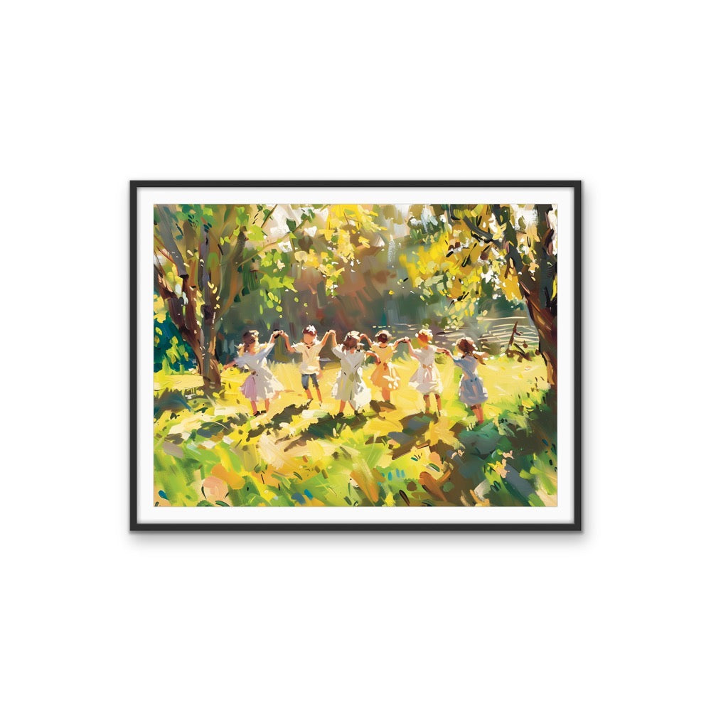 Sunshine Kids - Green &amp; Yellow Abstract Landscape of Children Playing, Stretched Canvas or Wall Art Print I Heart Wall Art Australia