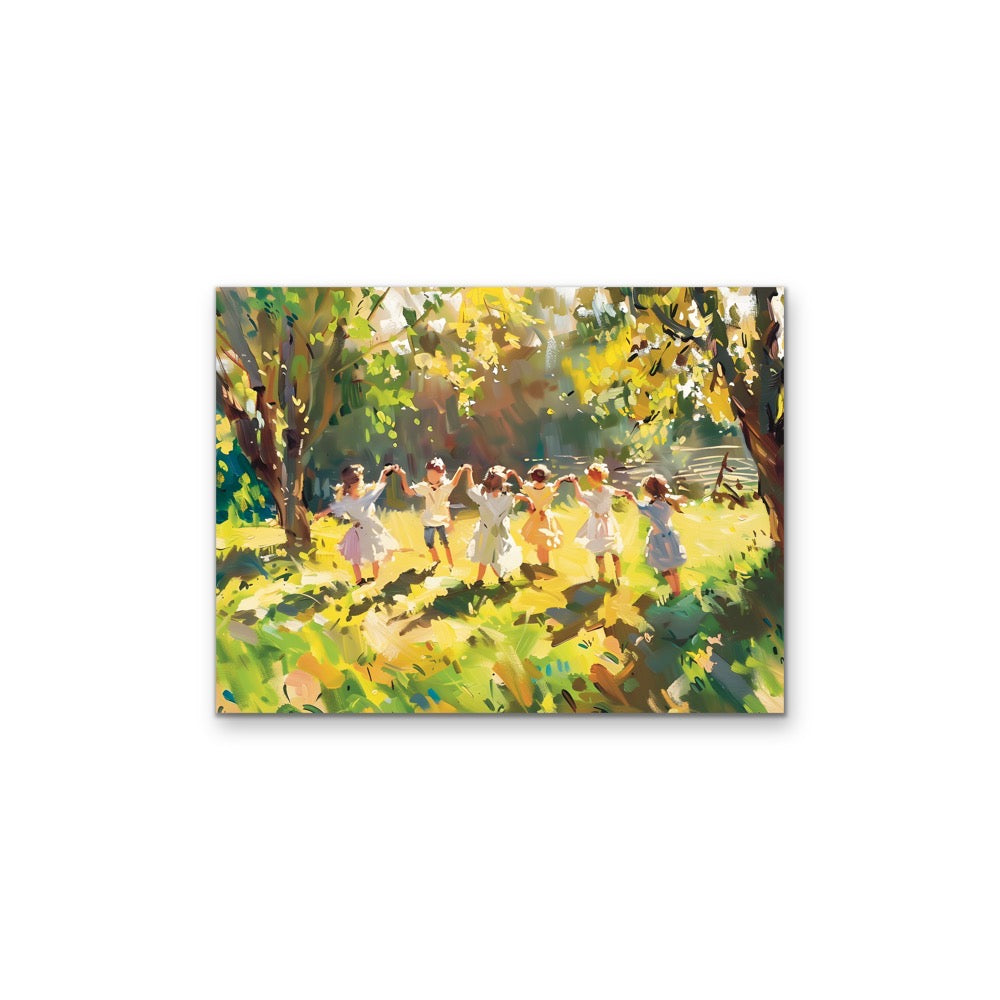 Sunshine Kids - Green & Yellow Abstract Landscape of Children Playing, Stretched Canvas or Wall Art Print I Heart Wall Art Australia
