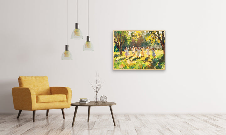 Sunshine Kids - Green &amp; Yellow Abstract Landscape of Children Playing, Stretched Canvas or Wall Art Print I Heart Wall Art Australia