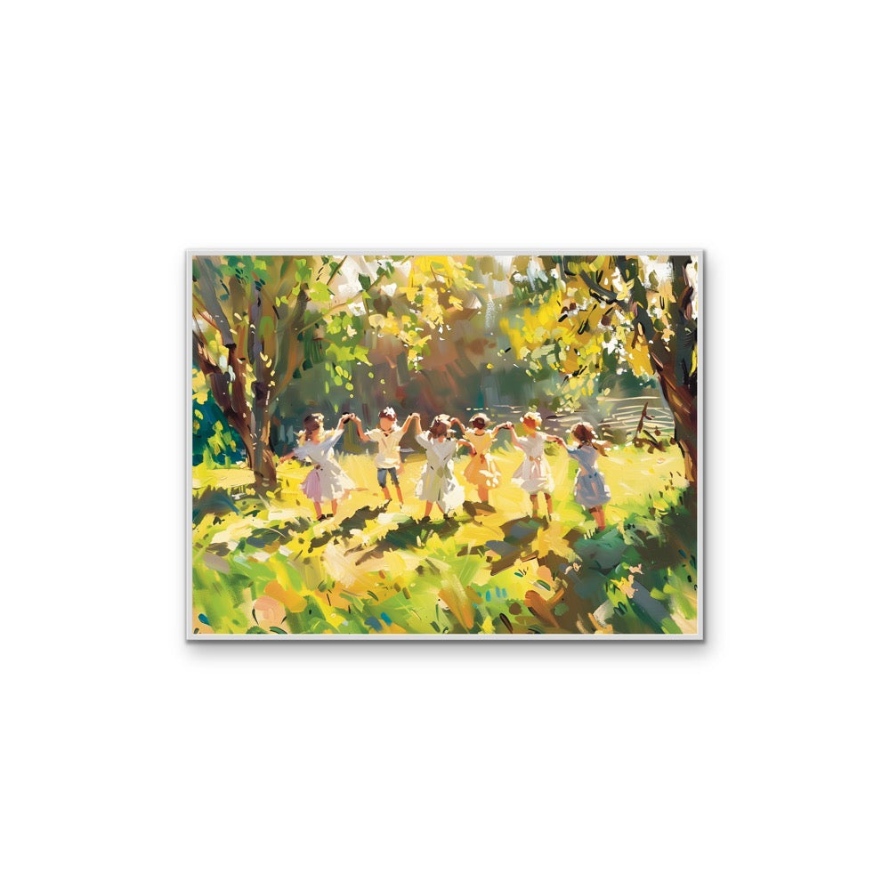 Sunshine Kids - Green &amp; Yellow Abstract Landscape of Children Playing, Stretched Canvas or Wall Art Print I Heart Wall Art Australia