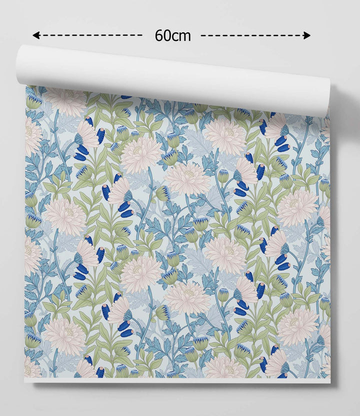 White Mums - Blue Floral Peel &amp; Stick Wallpaper I Heart Wall Art Australia