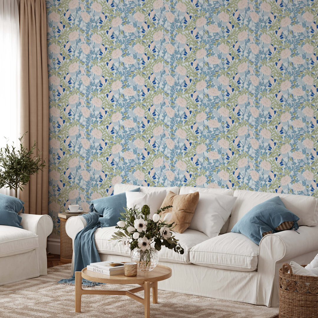 White Mums - Blue Floral Peel &amp; Stick Wallpaper I Heart Wall Art Australia