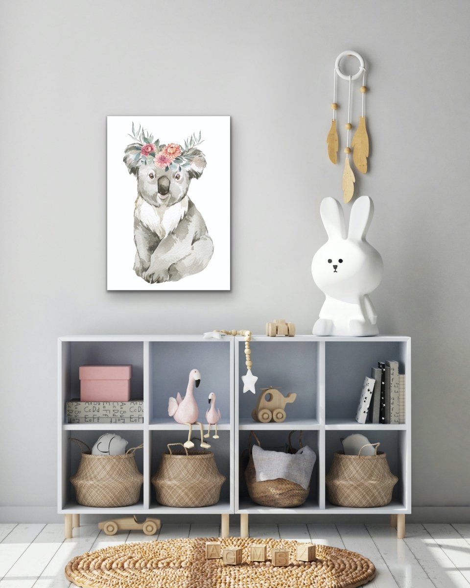 Sweet Koala Flower Crown - Australian Native Animal Stretched Canvas or Wall Art Print - I Heart Wall Art - Poster Print, Canvas Print or Framed Art Print