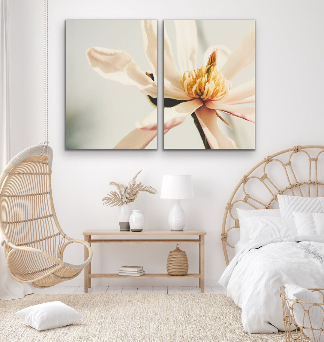Sweet Magnolia - Two Piece Soft Floral Stretched Canvas Framed Wall Art Oil Painting - I Heart Wall Art