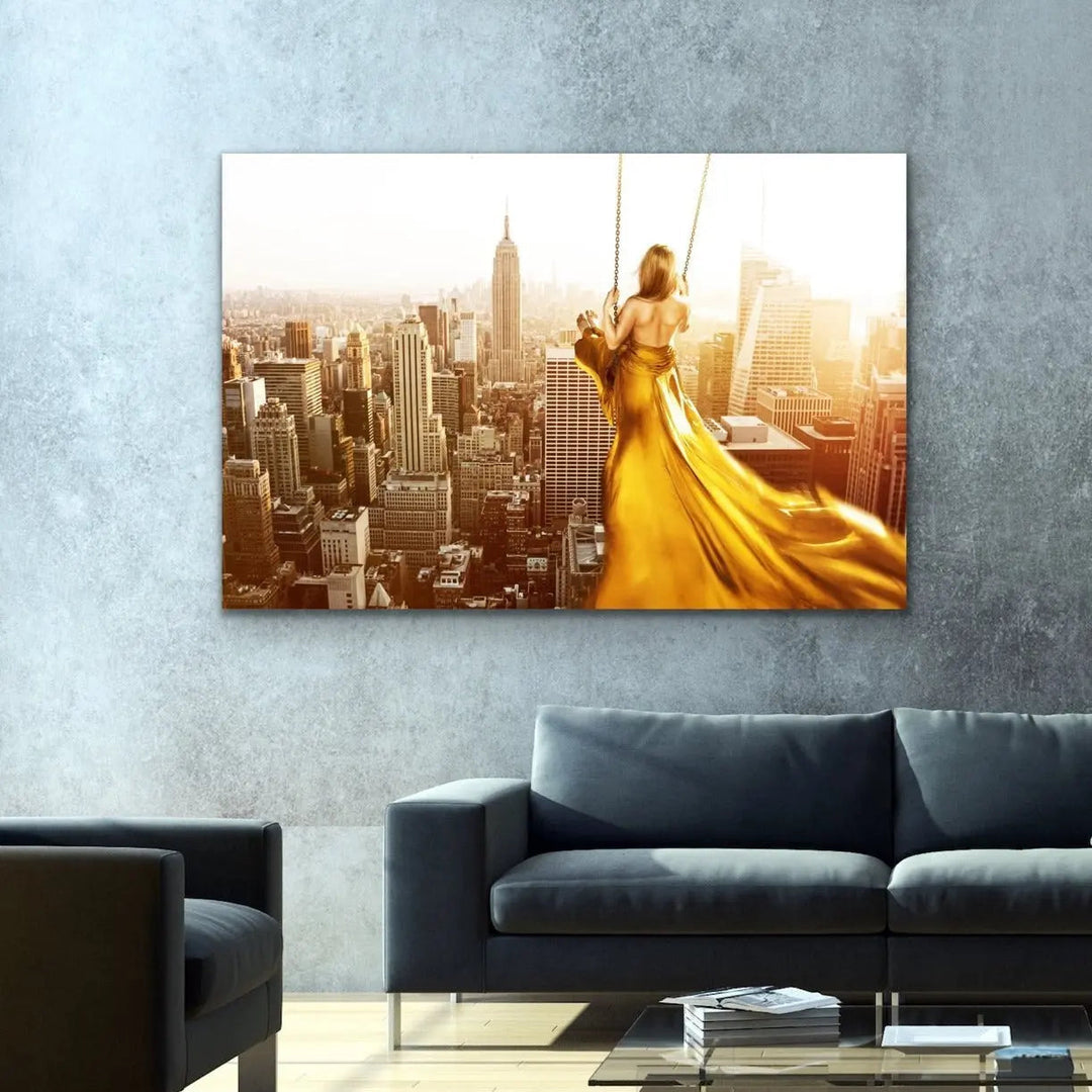 Swing For The Sun - Surreal Gold Art Print Stretched Canvas Wall Art - I Heart Wall Art