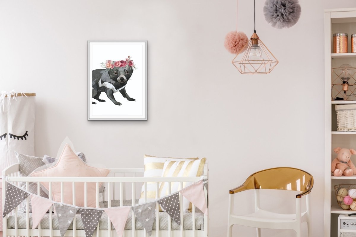 Tassie Devil Flower Crown - Australian Native Animal Stretched Canvas or Wall Art Print - I Heart Wall Art - Poster Print, Canvas Print or Framed Art Print