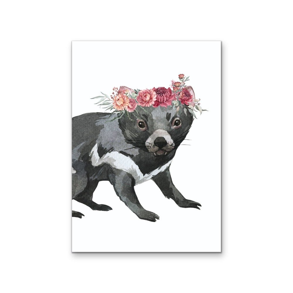 Tassie Devil Flower Crown - Australian Native Animal Stretched Canvas or Wall Art Print - I Heart Wall Art - Poster Print, Canvas Print or Framed Art Print