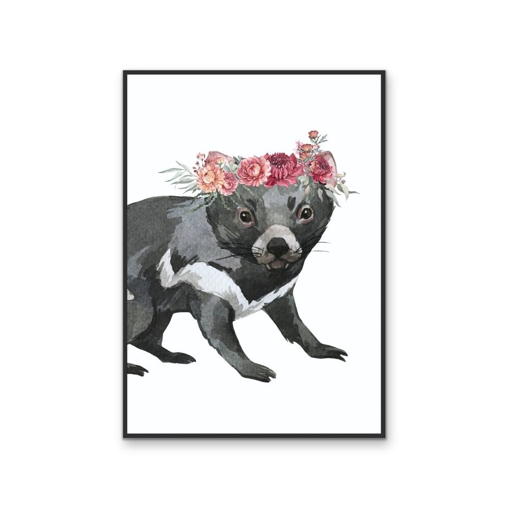 Tassie Devil Flower Crown - Australian Native Animal Stretched Canvas or Wall Art Print - I Heart Wall Art - Poster Print, Canvas Print or Framed Art Print