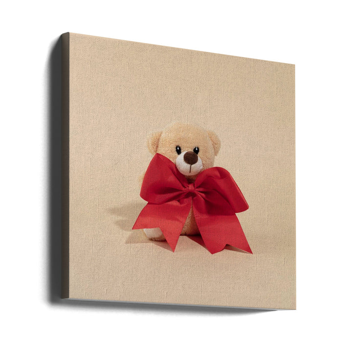 Teddy Bear with Red Bow - Square Stretched Canvas, Poster or Fine Art Print I Heart Wall Art