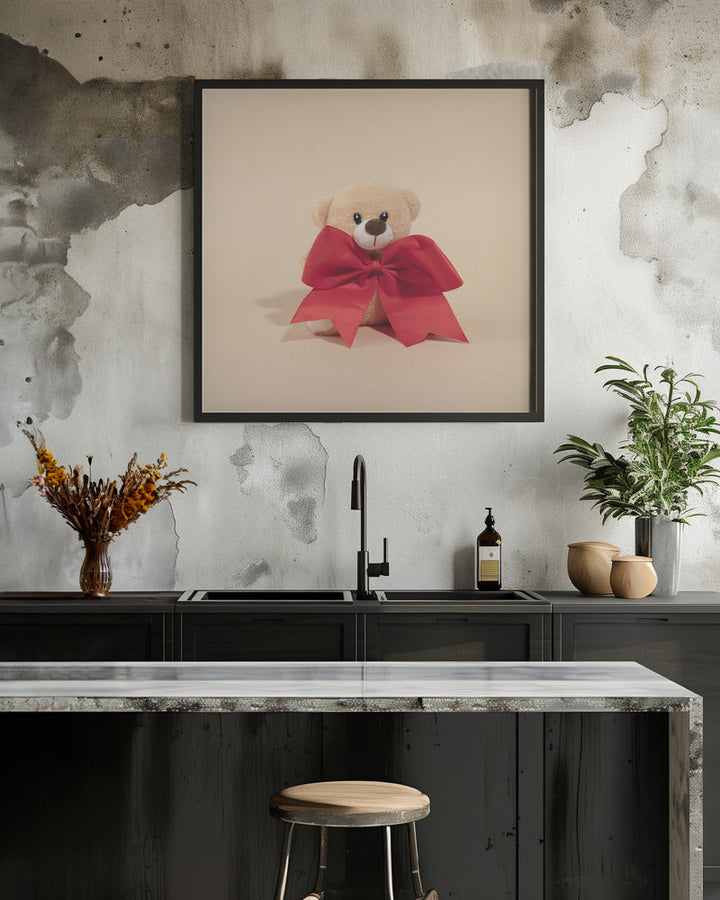 Teddy Bear with Red Bow - Square Stretched Canvas, Poster or Fine Art Print I Heart Wall Art