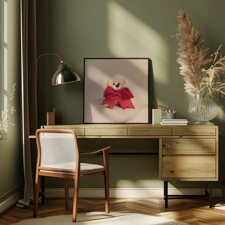 Teddy Bear with Red Bow - Square Stretched Canvas, Poster or Fine Art Print I Heart Wall Art