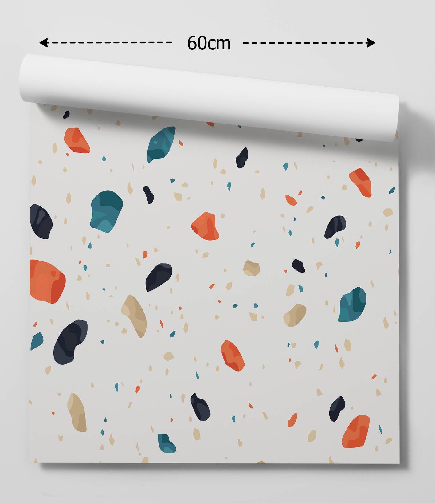 A roll of 60cm terrazzo colourful terrazzo patterned easy wallpaper with white base and orange teal black beige specks
