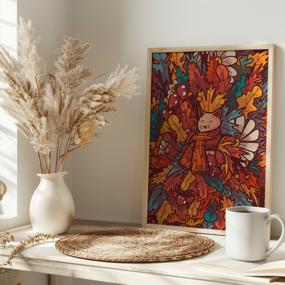 The Cosy Autumn Cat - Stretched Canvas, Poster or Fine Art Print I Heart Wall Art