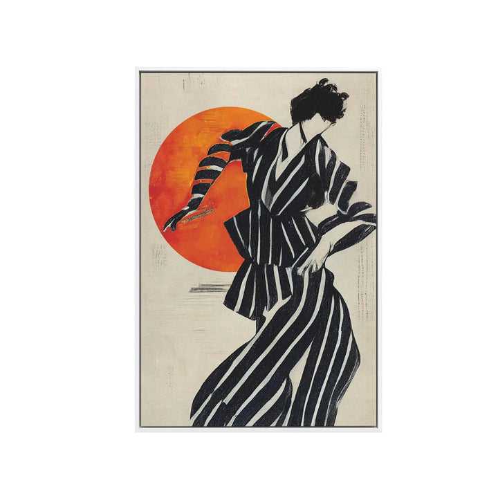 The dancer by Treechild contemporary art print featuring a stylized figure in a black and white striped kimono against an orange circle