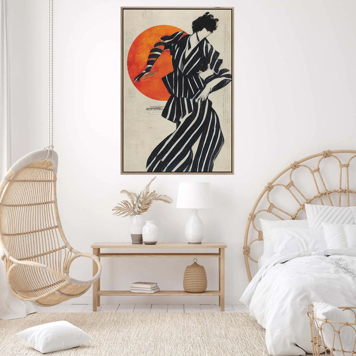 The dancer by treechild contemporary art print features a black and white striped kimono figure with an orange backdrop