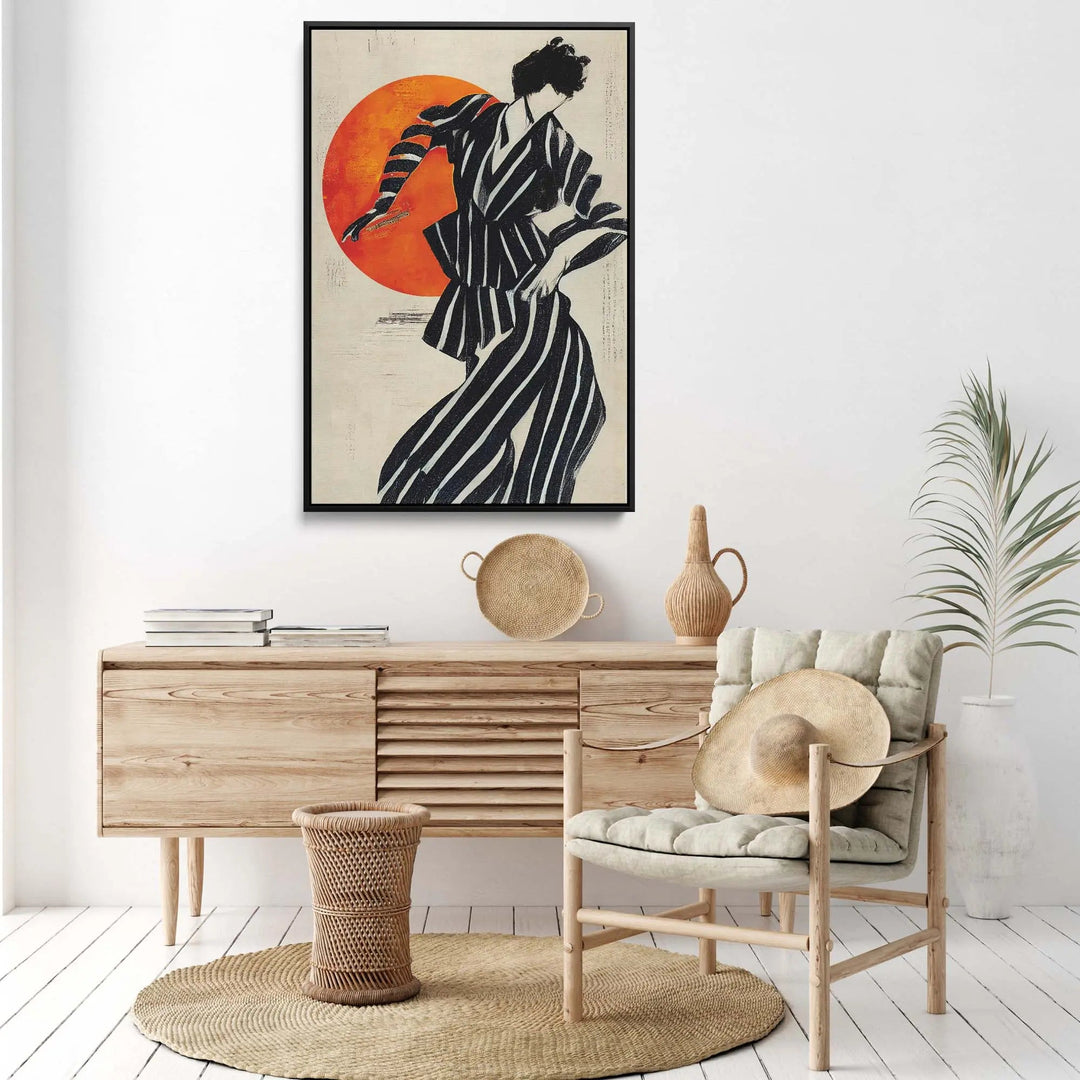 The dancer by treechild contemporary art print featuring a black and white kimono figure with an orange sun backdrop
